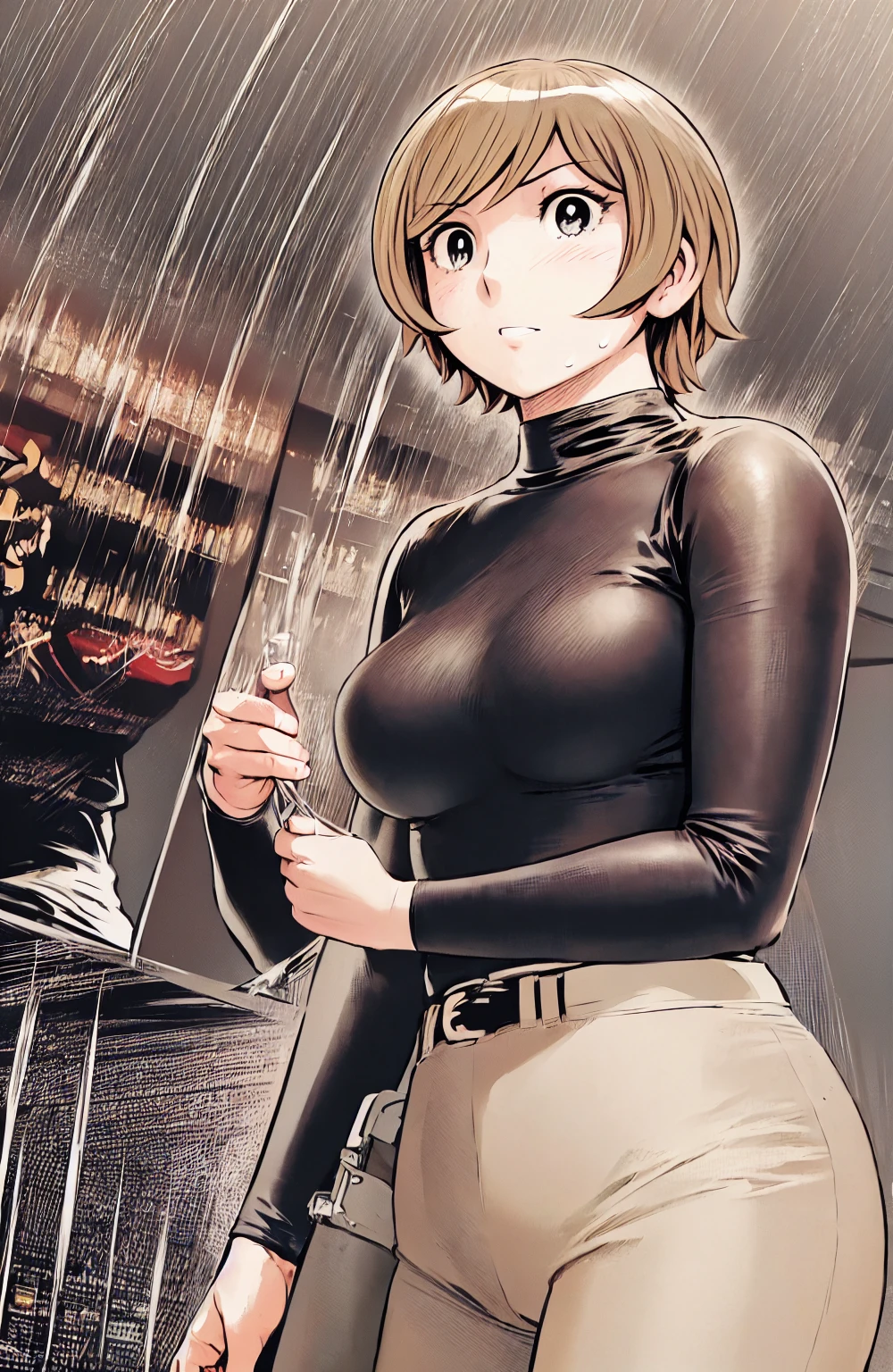 (野球uniform:1.2),
Blonde Hair, (short hair:1.2),Long sleeve, Black Shirt, turtleneck,White trousers、uniform、Black belt、((Illustration of people))、Big Boobs、
View Audience,, (Highest quality:1.3),One Girl, White pants、uniform、Outdoor、baseball ground、ground、soil、blue eyes、Tight black shirt、(masterpiece、Highest quality)、Highest quality, Ultra-high resolution, (((masterpiece))), alone, Sweat、Big eyes、Big Breasts、One Girl, Front view、Embarrassed face、Bronze colored hair、((short hair))、Stand up straight、Cowboy Shot