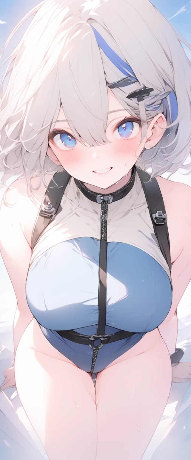beautiful, masterpiece, Highest quality, anime, One girl, C Cup,Portrait Shot, View your viewers, Covered、Short Hair、nearby、Blue Eyes、art、、White hair,Blue streaked hair、hairpin、Cute smile、Thighs、Cute、blue sky、Beautiful breasts、Full Harness、valley、Sweat、Under Harness、Body Harness、Sci-fi bodycon jumpsuit
