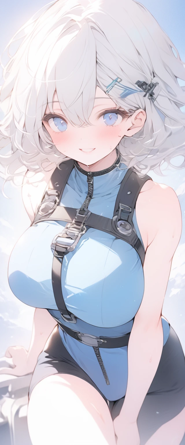 beautiful, masterpiece, Highest quality, anime, One girl, C Cup,Portrait Shot, View your viewers, Covered、Short Hair、nearby、Blue Eyes、art、、White hair,Blue streaked hair、hairpin、Cute smile、Thighs、Cute、blue sky、Beautiful breasts、Full Harness、valley、Sweat、Under Harness、Body Harness、Sci-fi bodycon jumpsuit