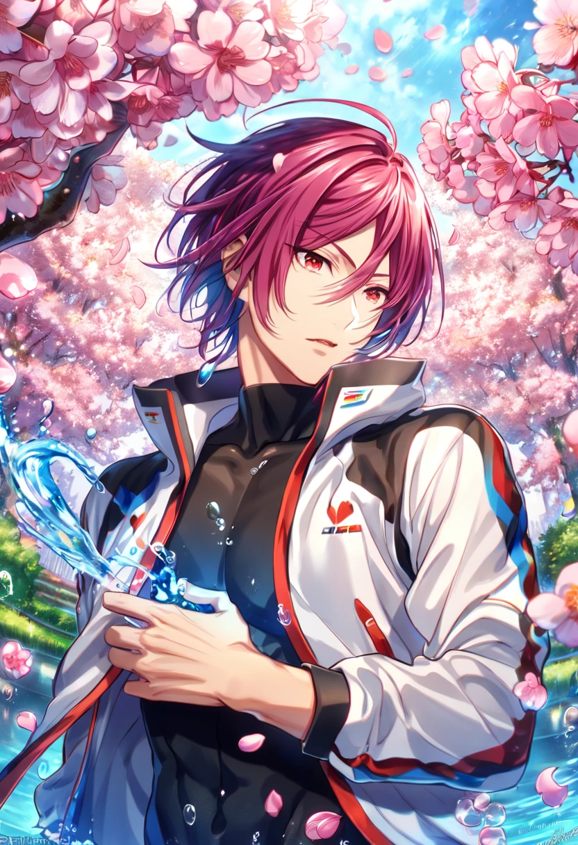 absurdres, highres, ultra detailed, HDR, master piece, Matsuoka Rin, maroon hair, expressive red eyes, white jacket, Free!, sexy man, handsome, best quality, blossoms, pink petals, pink flowers, fantasy, magical, blue shining fireflies, solo, water, black tight shirt