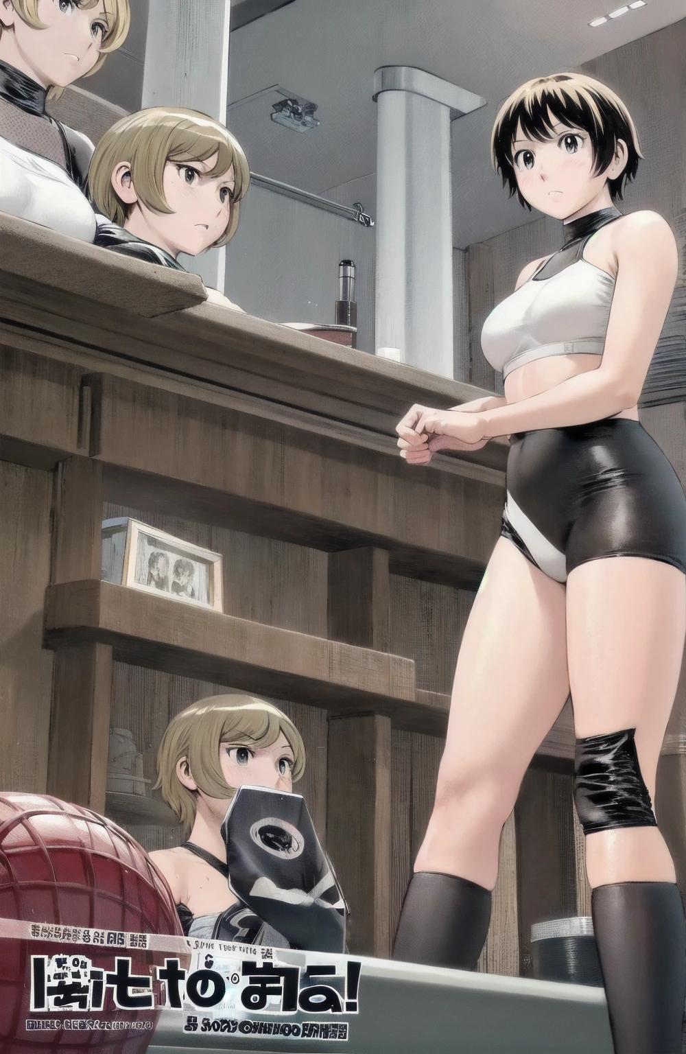 Sports Bra、spats、(masterpiece、Highest quality)、Highest quality, Ultra-high resolution, (((masterpiece))), alone, Sweat、Big eyes, Composition from the front、(Short back hair、short hair、blonde、woman)、Shortcuts、Embarrassed face、Cut your hair short、可愛いwomanの子、Big Breasts、Inside the room、