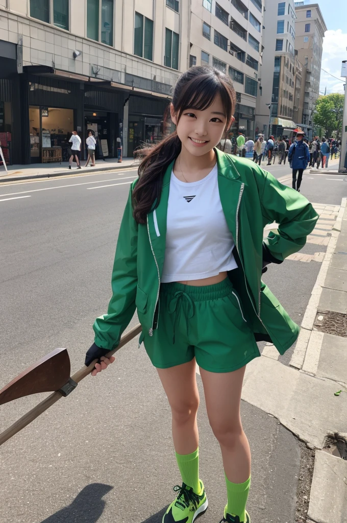 Konami,One girl,smile, View your viewers, Green jacket, gloves, Green shorts,Green footwear, holding ax,ax,building, masterpiece,Highest quality,cruvy body