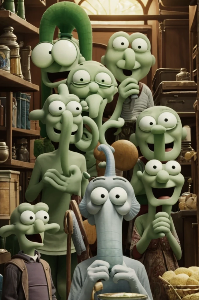 In the image, It is observed that several characters are staring at Squidward&#39;s buttocks, who is dressed in a yellow bikini. Tweety (Tweet), dressed as a priest, He seems to be looking down at Squidward&#39;s buttocks with a serious expression.. The muscular character, What could be Mom Robot? "Dexter's Laboratory", He is also looking towards Squidward&#39;s buttocks with a neutral expression.. Even Dexter, what is behind, seems to be looking in the same direction.

The scene seems to be designed to be humorous and absurd., highlighting the overreaction and disproportionate attention towards Squidward in an unexpected and comical situation.