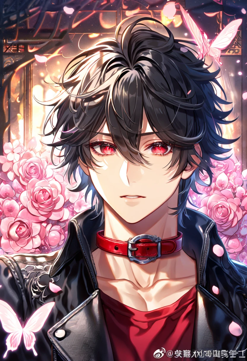absurdres, highres, ultra detailed, HDR, master piece, best quality, Shin, expressive red eyes, messy hair, black hair, Amnesia, solo, sexy man, handsome, cropped black leather jacket, red shirt, red collar, fantasy, shining, pink flowers, pink blossoms, pink butterflies, pink petals