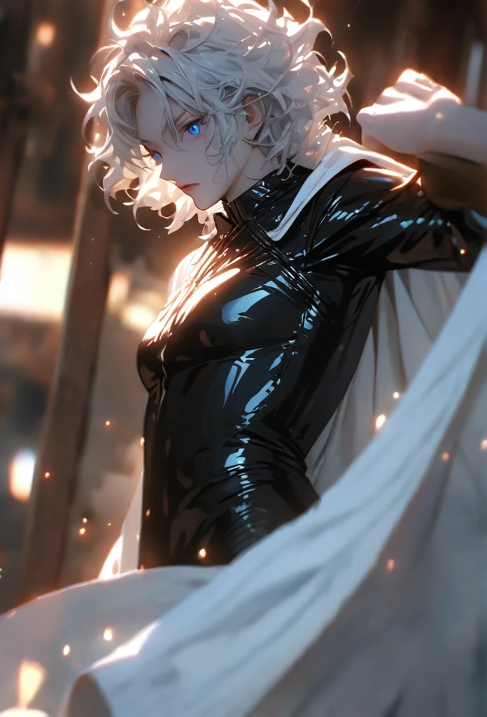 (solo), white hair, messy hair, mane hair, short hair, dense hair, wild hair, expressive hair, mature,(25 year old), pale skin, blue eyes, ((male)), wearing a black dress shirt, wearing a white cloak,, rolled up sleeves, handsome, attractive, eye reflection, depth of field, blue thunder aura, blue cinematic lighting, blue ray tracing, depth of field, cinematic lighting, blue ray tracing, UHD, high details, best quality, highres, high quality, award winning, super detail, masterpiece, 8k, UHD, high details, best quality, highres, high quality, award winning, super detail, masterpiece, 8k, digital art, anime coloring, full body shot, body shot, In a fighting position, Hand to hand combat, good face, perfect face, detailed face, good eyes, looking towards the screen.