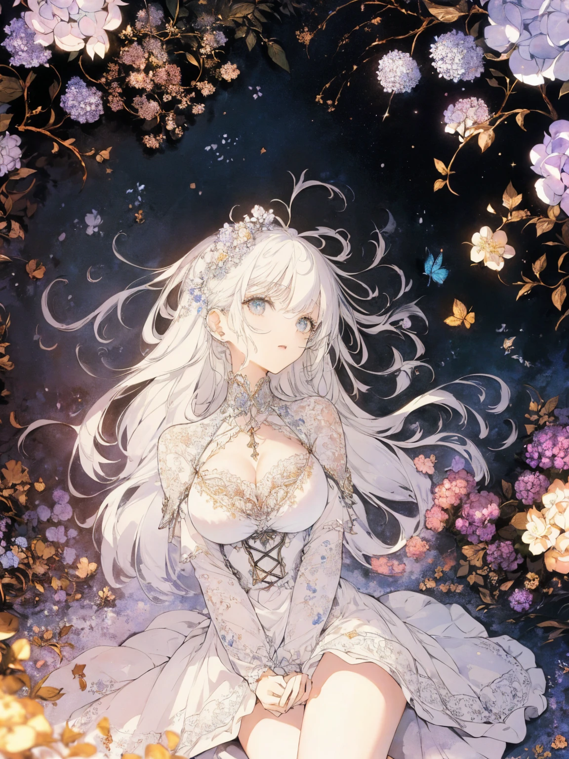 (Landscape photo, with a woman in the bottom right of photo:1.5, in white garden:1.5, Official art using high-quality hand-drawn watercolor sketch techniques), Masterpiece, best quality, (very detailed CG unity 8k wallpaper), (best quality), High definition RAW color art, Animation,sculptures, (black Marble Skin), (((Ultra detailed elegant))), Magical atmosphere, Detailed skin, Texture,(Intricately detailed, Fine detail, ultra-detail art), depth of fields, bokeh, Silky Touch, Hyper Detail, beautiful eyes, Elegant Face, (spread legs:1.3, lying on floor, looking from below), sparkle background, enormous breast:1.3, (silver hair), pure white, muscle, embarrassing face, hydrangea,  Dramatic Light, maid costume