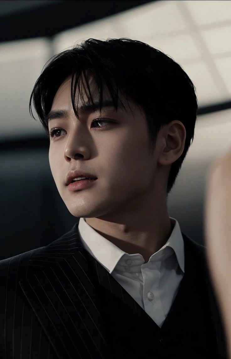 an asian boy in a suit and black background