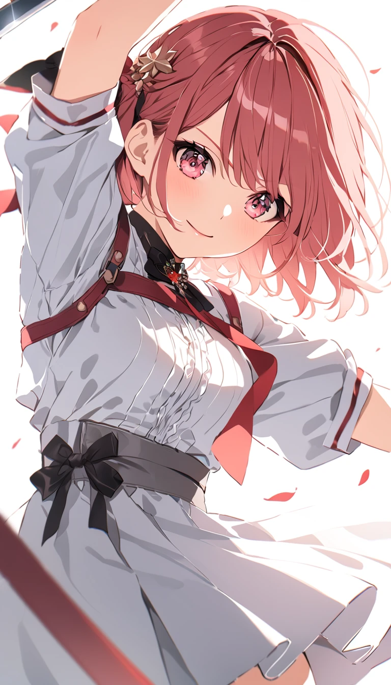 (Awareness-raising:1.1)、(Highest quality)、(masterpiece:1.1)、(Beautiful and clear background:1.25)、(masterpiece、Highest quality、Ultra-detailed)、(Photorealistic)、(Beautiful and fine details)、 stage、、solo、 holding sword、Cowboy Shot、Upper Body、 ayumu uehara、A light smile、Depth of written boundary、 unsheathed sword、various angles、dynamic pose