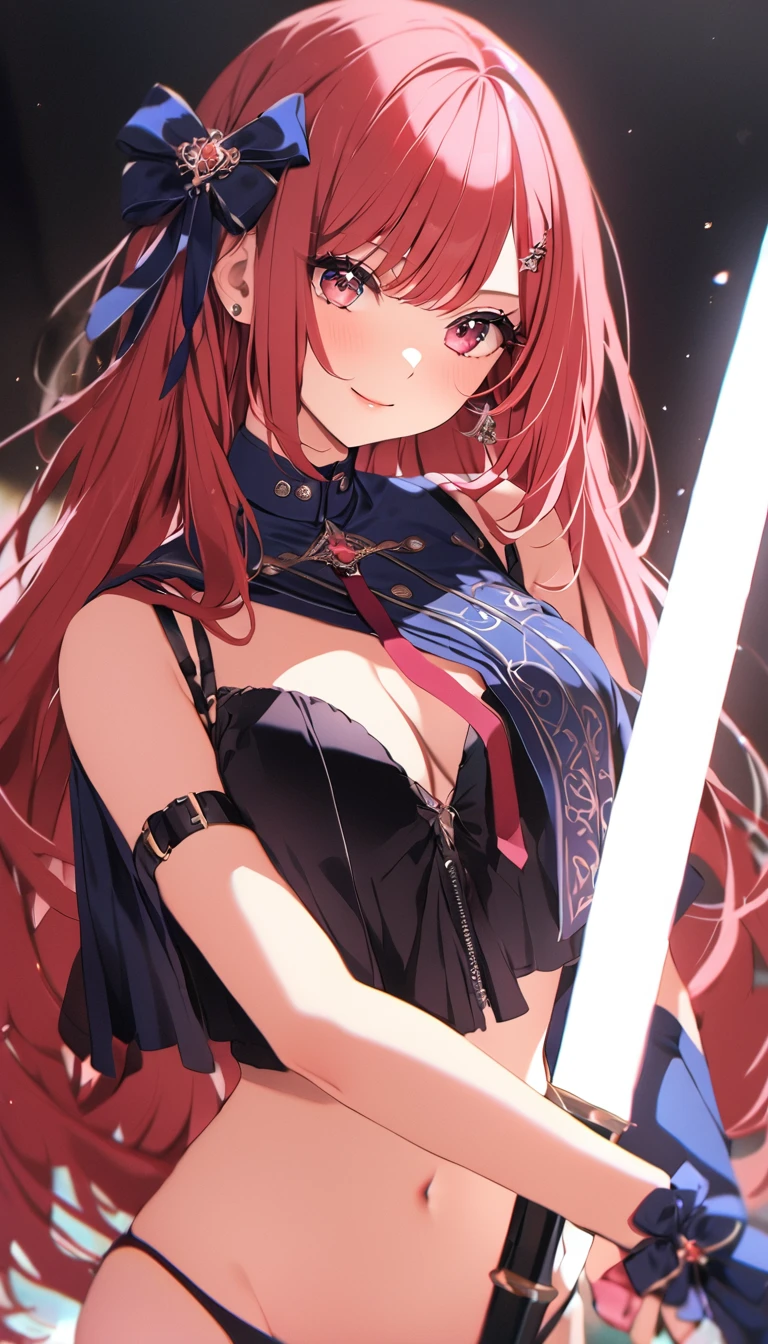 (Awareness-raising:1.1)、(Highest quality)、(masterpiece:1.1)、(Beautiful and clear background:1.25)、(masterpiece、Highest quality、Ultra-detailed)、(Photorealistic)、(Beautiful and fine details)、 stage、、solo、 holding sword、Cowboy Shot、Upper Body、 ayumu uehara、A light smile、Depth of written boundary、 unsheathed sword、various angles、dynamic pose
