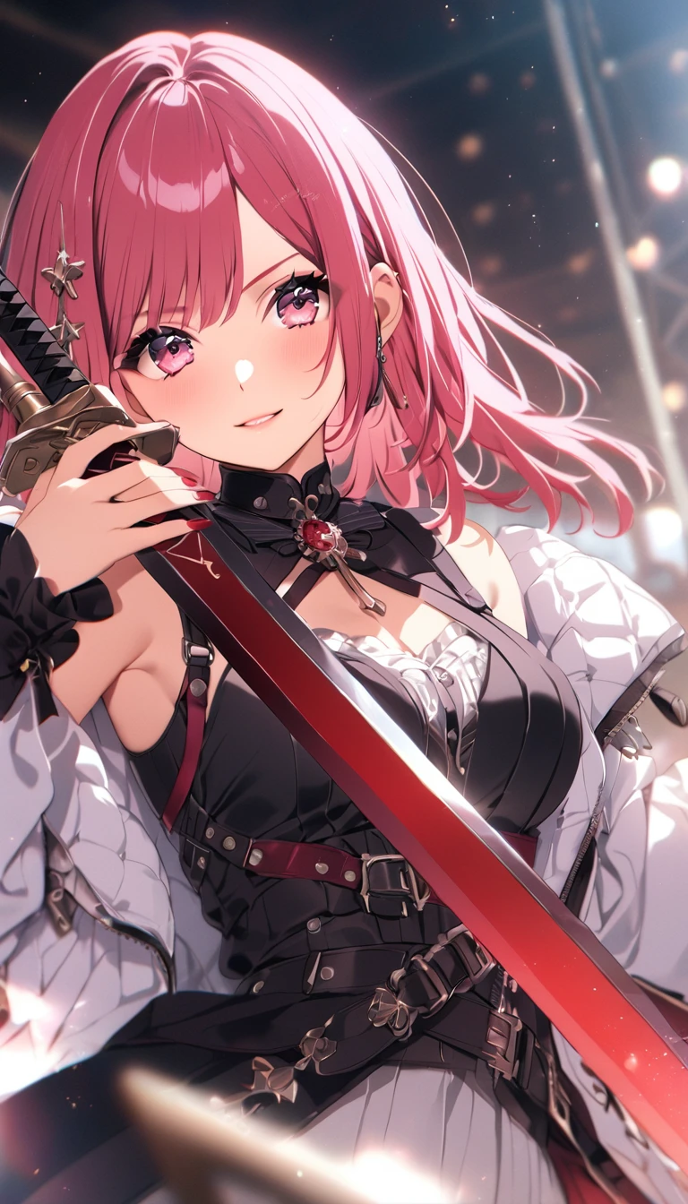 (Awareness-raising:1.1)、(Highest quality)、(masterpiece:1.1)、(Beautiful and clear background:1.25)、(masterpiece、Highest quality、Ultra-detailed)、(Photorealistic)、(Beautiful and fine details)、 stage、、solo、 holding sword、Cowboy Shot、Upper Body、 ayumu uehara、A light smile、Depth of written boundary、 unsheathed sword、various angles、dynamic pose