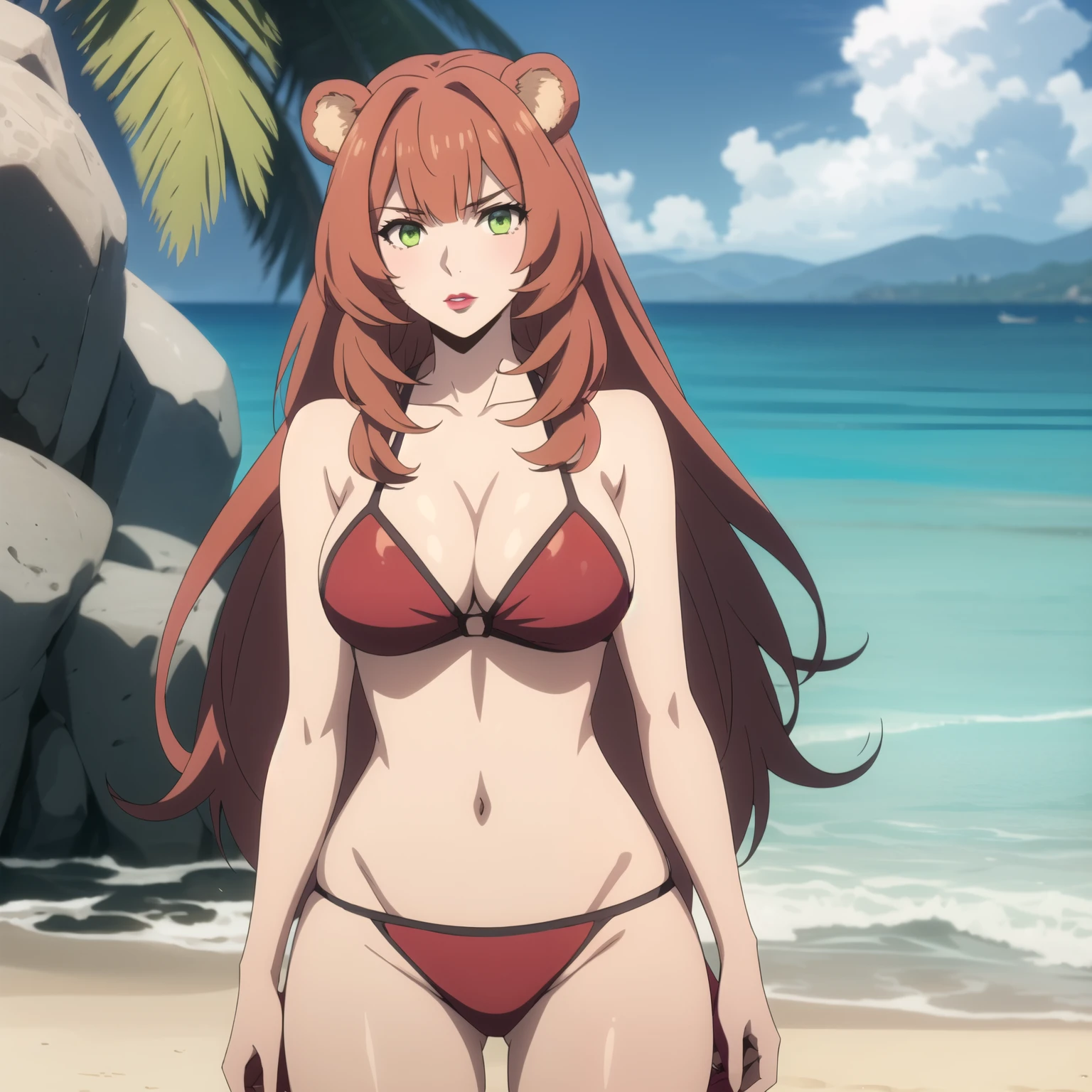 raphtalia, woman 25 years old , Red hair , bear ears, green eyes like emeralds, Painted lips, big breasts. arrogant look, sexy red bikini, background a beach. pelo rojo, cabello rojo. gotas de agua en su pecho, cuerpo mojado.