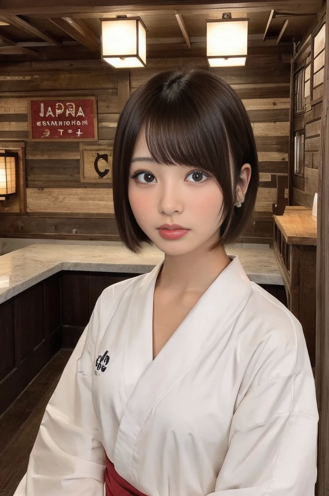 (Sexual climax:1.5),short hair,Part-time job at a bar,8--old,per cute Japan person:1.5),Detailed face,(Beautiful symmetry with an eye for detail:2.0),Natural Makeup