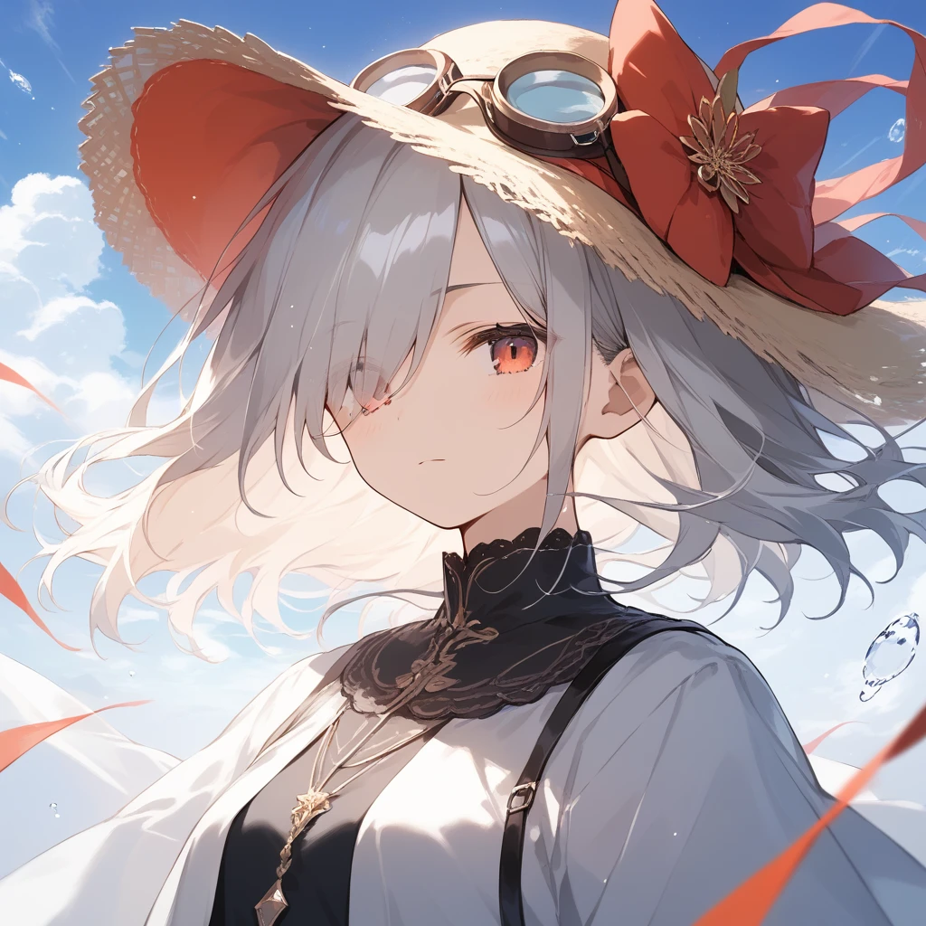score_9, score_8_up, score_7_up, source_anime, best quality, masterpiece, official art, absurdres, highres, ultra-detailed,waifu2x,Collection: Slice of Life,break,1girl, short hair, hair over one eye, small breasts, beautiful detailed eyes, hat, goggles on headwear, skirt, sweat, expressionless, sleepily, outdoors, wind, break,(clear line illustration:1.2),very high resolution, very aesthetic, super detailed skin, Best cinematic lighting powered by famous artist, 8k, beauty illustration,photoshop_(medium),,(Detailed Lighting),best anime 8k konachan wallpaper, pixiv contest winner,