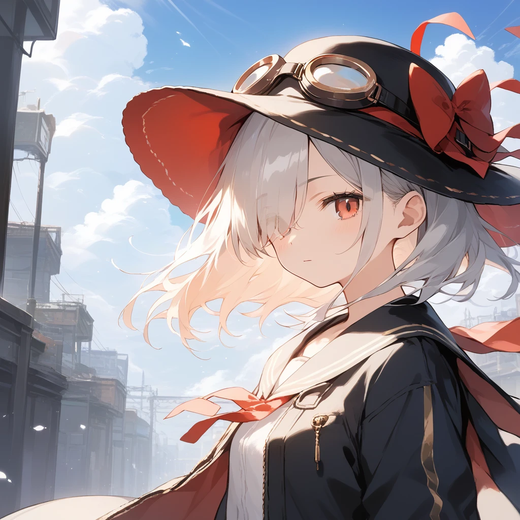 score_9, score_8_up, score_7_up, source_anime, best quality, masterpiece, official art, absurdres, highres, ultra-detailed,waifu2x,Collection: Slice of Life,break,1girl, short hair, hair over one eye, small breasts, beautiful detailed eyes, hat, goggles on headwear, skirt, sweat, expressionless, sleepily, outdoors, wind, break,(clear line illustration:1.2),very high resolution, very aesthetic, super detailed skin, Best cinematic lighting powered by famous artist, 8k, beauty illustration,photoshop_(medium),,(Detailed Lighting),best anime 8k konachan wallpaper, pixiv contest winner,