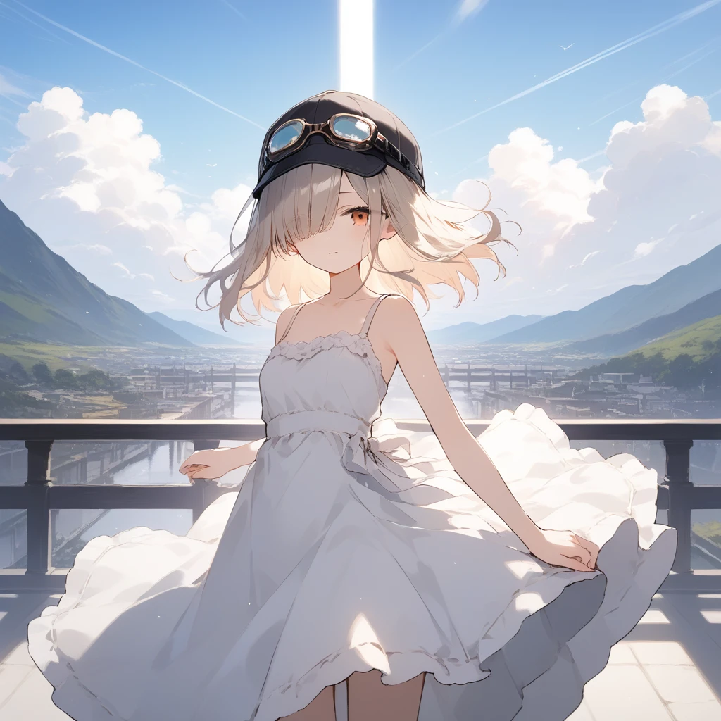 score_9, score_8_up, score_7_up, source_anime, best quality, masterpiece, official art, absurdres, highres, ultra-detailed,waifu2x,Collection: Slice of Life,break,1girl, short hair, hair over one eye, small breasts, beautiful detailed eyes, hat, goggles on headwear, skirt, sweat, expressionless, sleepily, outdoors, wind, break,(clear line illustration:1.2),very high resolution, very aesthetic, super detailed skin, Best cinematic lighting powered by famous artist, 8k, beauty illustration,photoshop_(medium),,(Detailed Lighting),best anime 8k konachan wallpaper, pixiv contest winner, 