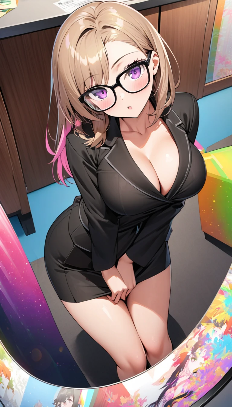 漫画城市猎人style，Beautiful 25-year-old secretary leaning on the desk in the office，Full breasts，Wear black frame glasses，Business suit，black，High heel，front，Horizontal viewing angle，rich and colorful，Japanese manga artist Hojo Tsukasa&#39;style，Depth of Field，White background，OC Renderer，light，very good，Very detailed，CG art，