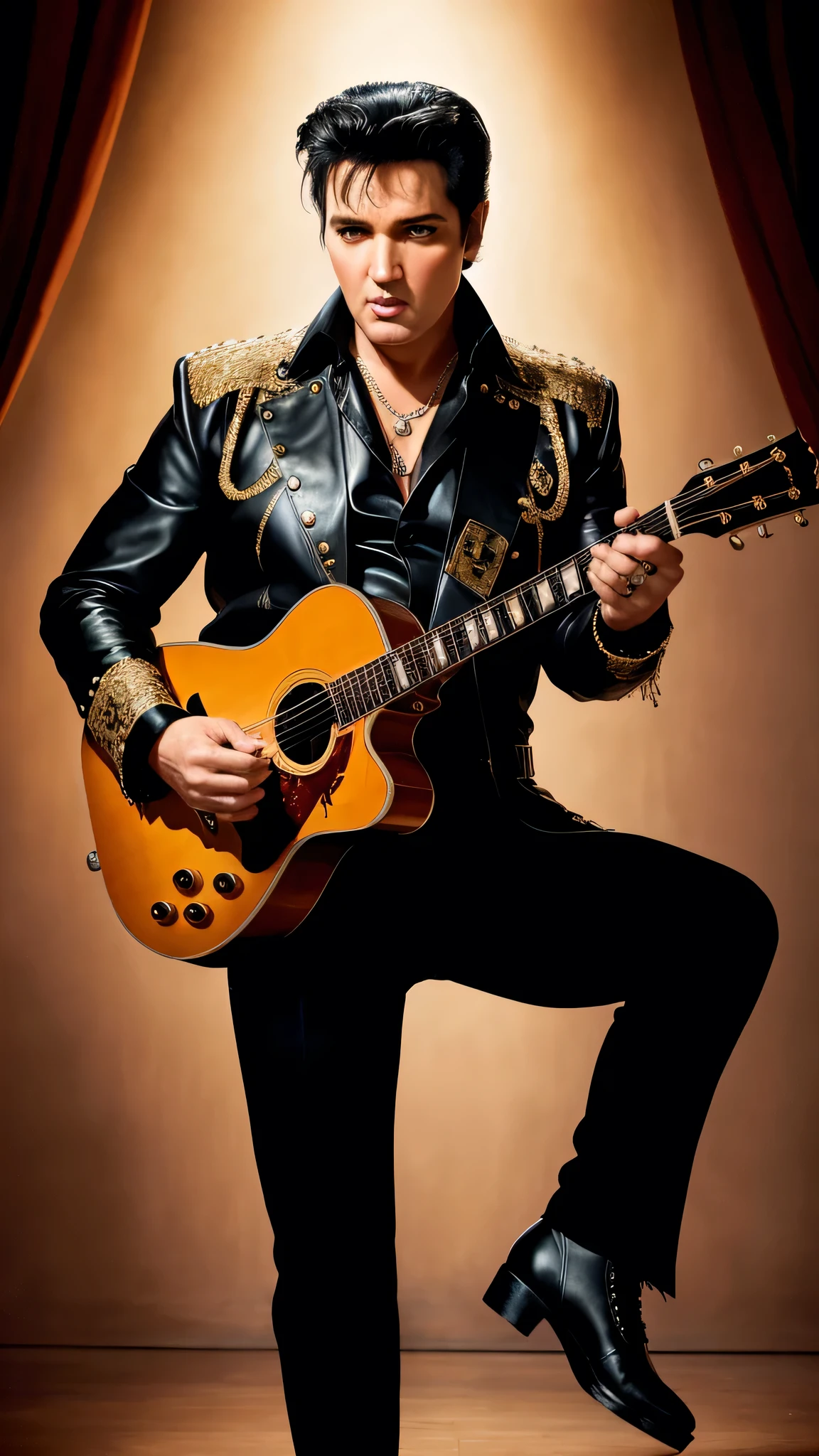 A breathtaking masterpiece, a tribute to the King of Rock 'n' Roll, Elvis Presley. This portrait, raw and unforgettable, embodies the spirit of Elvis with a dramatic flair reminiscent of the Baroque style, as if painted by the masterful hand of Rembrandt. The King's captivating gaze, echoing the intensity and charisma of his legendary presence, is brought to life by the play of light and shadow, creating an enigmatic allure that transcends time.

The high-resolution image, brimming with rich, oil-like textures and hyper-realistic details, transports viewers to an era long