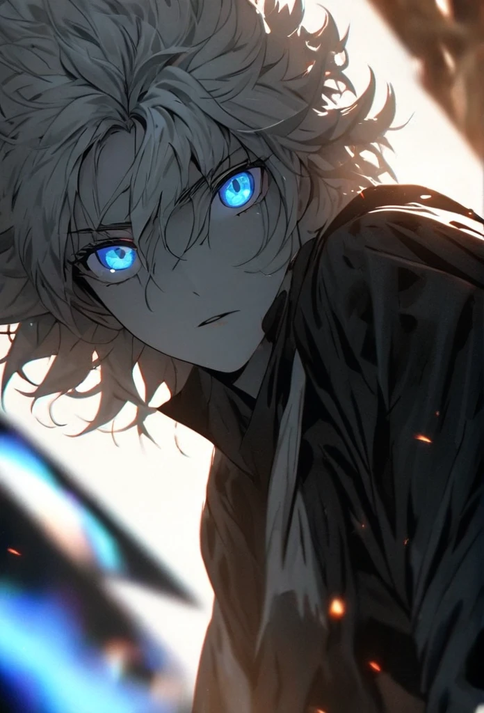(solo), white hair, messy hair, mane hair, short hair, short hair, dense hair, wild hair, expressive hair, mature,(25 year old), pale skin, blue eyes, ((male)), wearing a black dress shirt, wearing a white cloak,, rolled up sleeves, handsome, attractive, eye reflection, depth of field, blue thunder aura, blue cinematic lighting, blue ray tracing, depth of field, cinematic lighting, blue ray tracing, UHD, high details, best quality, highres, high quality, award winning, super detail, masterpiece, 8k, UHD, high details, best quality, highres, high quality, award winning, super detail, masterpiece, 8k, digital art, anime coloring, full body shot, body shot, In a fighting position, Hand to hand combat, good face, perfect face, detailed face, good eyes, looking towards the screen.