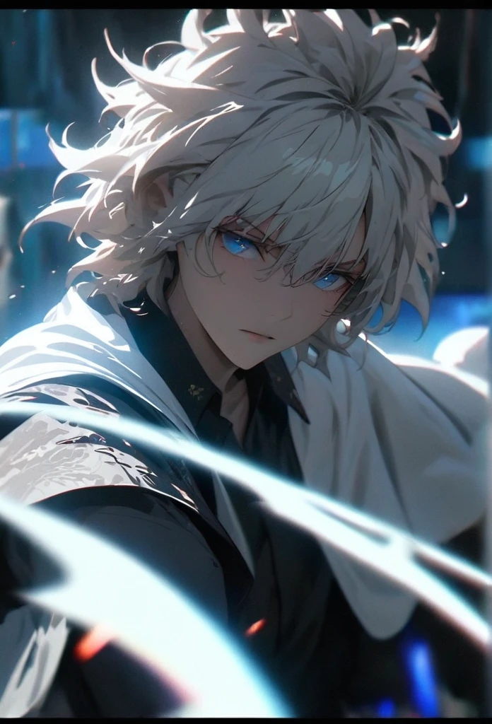 (solo), white hair, messy hair, mane hair, short hair, short hair, dense hair, wild hair, expressive hair, mature,(25 year old), pale skin, blue eyes, ((male)), wearing a black dress shirt, wearing a white cloak,, rolled up sleeves, handsome, attractive, eye reflection, depth of field, blue thunder aura, blue cinematic lighting, blue ray tracing, depth of field, cinematic lighting, blue ray tracing, UHD, high details, best quality, highres, high quality, award winning, super detail, masterpiece, 8k, UHD, high details, best quality, highres, high quality, award winning, super detail, masterpiece, 8k, digital art, anime coloring, full body shot, body shot, In a fighting position, Hand to hand combat, good face, perfect face, detailed face, good eyes, looking towards the screen.