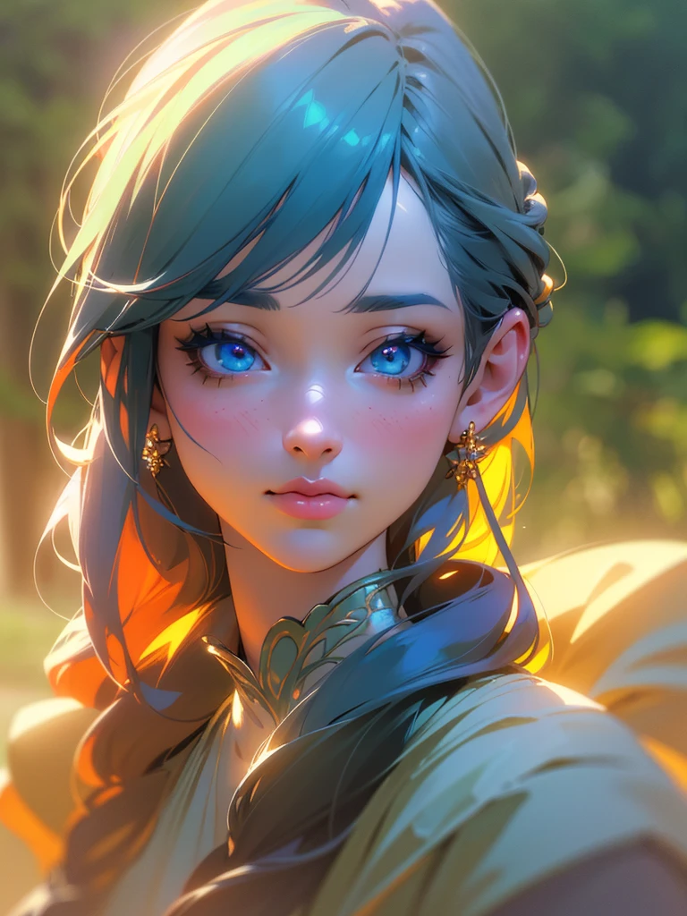 a detailed anime girl with beautiful detailed eyes, beautiful detailed lips, extremely detailed face, long eyelashes, intricate hairstyle, colorful vibrant setting, natural lighting, fantasy landscape background, (best quality, 4k, 8k, highres, masterpiece:1.2), ultra-detailed, (realistic, photorealistic, photo-realistic:1.37), vibrant colors, cinematic lighting, intricate details, fantasy, digital art