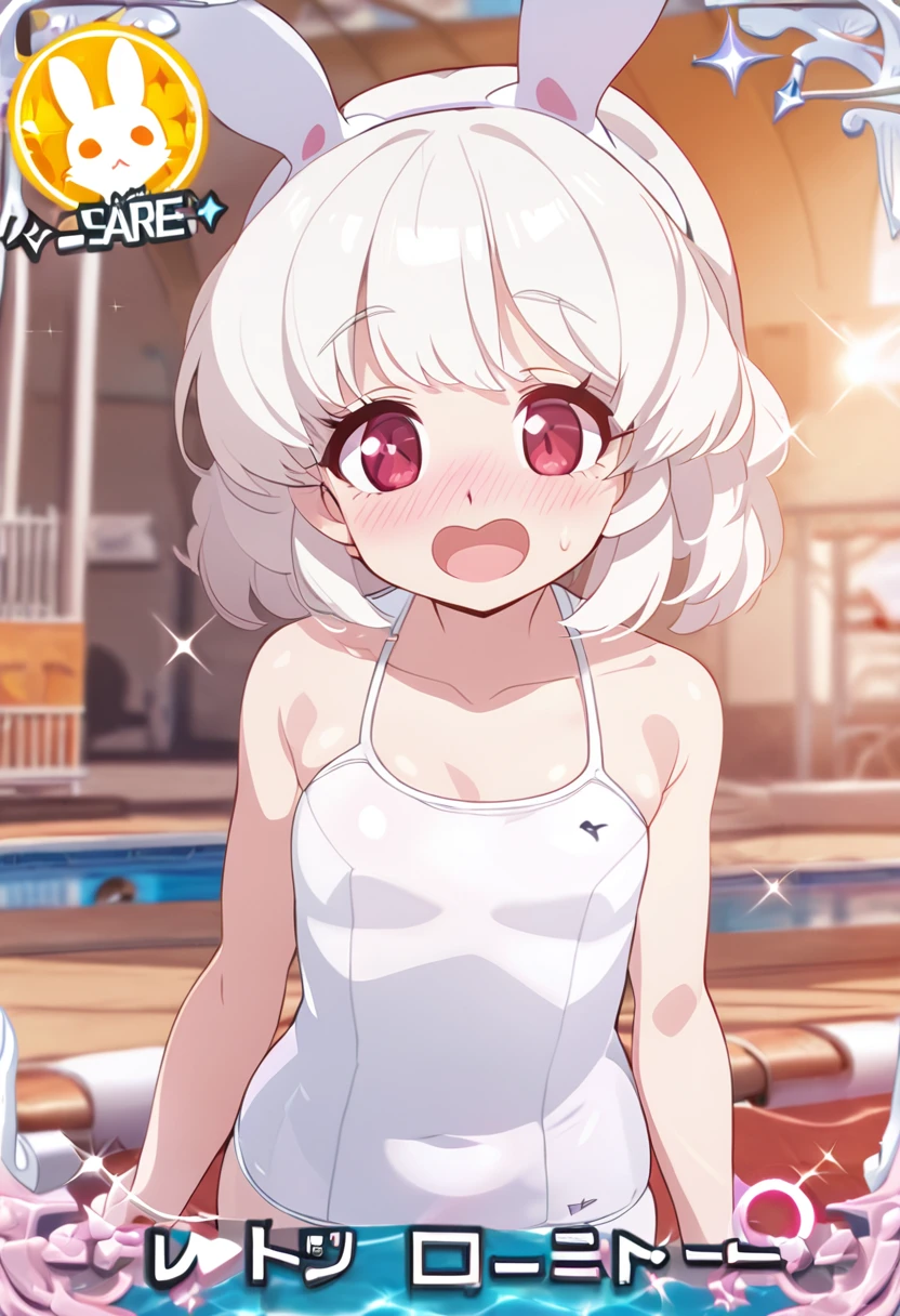 ((Perfect human body)),1girl,Anime girl with white hair and bunny ears, Red eyes, Shy blush,Eyes with enhanced sparkle,Looks happy,White school swimsuit,Modest chest,full Art,Character portrait,Pool