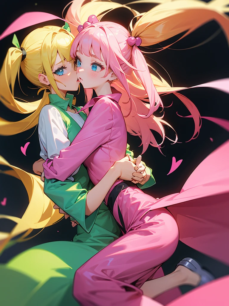 2 girls, two pigtails falling over her shoulders with pink rubber bands, blond hair, blue eyes, wearing a pink jumpsuit dress, with other girl, blak hair, straight hair bangs, waist-length hair, wearing a green dress, holding hands
