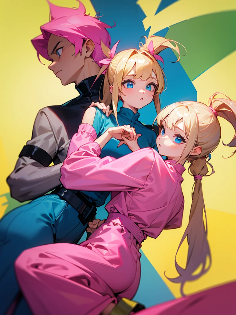 2 girls, two pigtails falling over her shoulders with pink rubber bands, blond hair, blue eyes, wearing a pink jumpsuit dress, with other girl, blak hair, straight hair bangs, waist-length hair, wearing a green dress, holding hands