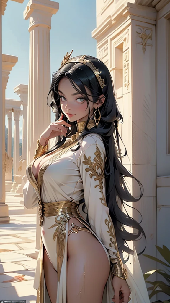 girl from ancient Egypt,1girl,((young girl,s old girl,young)),

(large breasts:1.5),saggy breasts,(((black hair:1.4,straight hair,long hair:1.4,colored inner hair))),(((gold_eyes:1.3))),intricate eyes,beautiful detailed eyes,symmetrical eyes,((((dark skin:1.4,lustrous skin:1.5,bright skin: 1.5,skin tanned,shiny skin,very shiny skin,shiny body)))),(spider lower abdomen,narrow waist,wide hip,bimbo body,inflated legs,thick thighs),(((detailed face))),beautiful detailed lips,

(cute,slutty,sensual,seductive look,seductive,((erotic)),opulent,sumptuous,(((nsfw)))),

revealing clothing,show skin,cleavage,(barefoot,),princess,goddess,beautiful white clothes: 1.3,fantasy,((white silk:1.3)),(robe top),((eyeshadow,egyptian makeup,eyelid makeup,gold lips,gold lipstick)),(((Transparent cloth,wet clothes,intricate outfit,embroidered outfit,ornate outfit,intricate clothes,embroidered clothes,ornate clothes))),

dynamic and seductive pose,looking at viewer,(smirk,beautiful smile),centered,scale to fit dimensions,Rule of thirds,

outdoors,egyptian imperial pillars,((imperial pillars background,egyptian imperial palace,egyptian imperial palace background,imperial pyramids in the background)),scenery,extremely scenery,(puddles everywhere,moss,moss on the background), Egypt style,Egypt imperial palace,(sunset, golden hour),

(Glossy Egyptian ornaments),highres,sharp focus,(ultra detailed,extremely detailed),(photorealistic artwork:1.37),(extremely detailed CG unity 8k wallpaper),(((vibrant colors,vibrant theme))),(intricate),(masterpiece),(best quality),artistic photography,(photography taken by sldr),(intricate background),perfect rendered face,perfect face details,realistic face,photo realistic,((intricate detail)),(((realism))),
