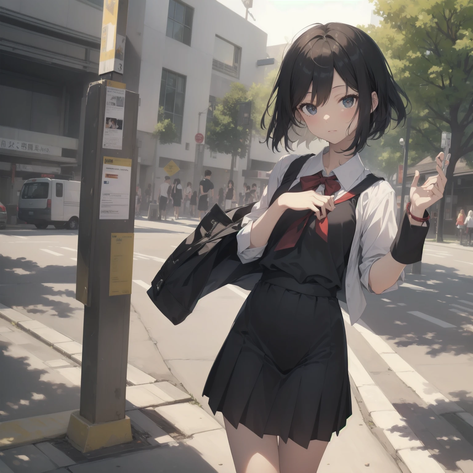 ultra-absurdres-Top quality by artist God, ultra-detailed, high resolution, anime moe artstyle, best anime 8k konachan wallpaper, pixiv contest winner, pool:2810, perfect anatomy,break, 1girl, (Please draw a girl walking sleepily to school alone. )break,(Solo,little female, 13-year-old:1.3),Full limbs, complete fingers,a junior high school student, (very short hair), short cut, flat chest, , small butt, small black eyes, beautiful detailed eyes, well-proportioned iris and pupils, expressive eyes, highres detailed hair, soft expression, salor school_uniform, sailor collar, serahuku, bow, pleated skirt,(Detailed Lighting), (Detailed background), in the School commute route. break,super detailed skin, Best cinematic lighting powered by famous artist, 8k,beauty illustration,photoshop_(medium),very aesthetic,break,((artist:saiguchi_otoufu )), artist:clamp ,artist:carnelian ,artist:kantoku ,
