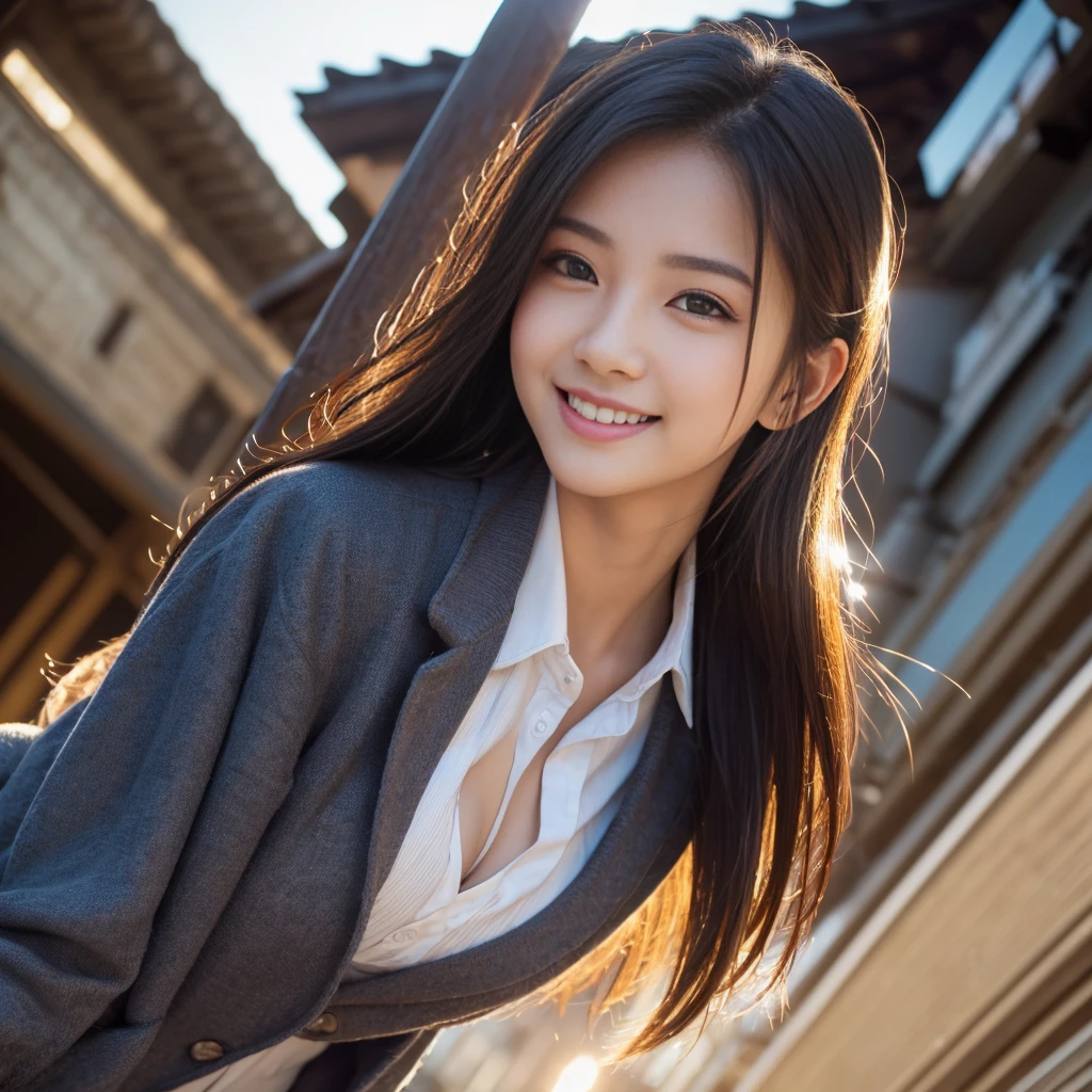 (Highest quality,masterpiece:1.3,Ultra-high resolution),(Very detailed,Caustics,8K),(Realistic:1.4,RAW shooting),1 Girl,(Smiling and looking down at the camera),(Front shot:1.1),(look forward to),18-year-old,cute,Japanese,Black straight long hair,,glamorous,(big ),( close),(Chest Focus),street,sunlight,Natural light,(Backlight),(A bright light shines from behind),(Lens flare),Professional Writing,(Cowboy Shot),(Low position:1.3),(Low Angle:1.3)、High school girls、High School Uniform