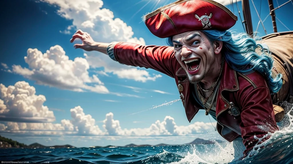 masterpiece, best quality, extremely detailed, hyperrealistic:1.1, photorealistic, a cool 40s man, ultra detailed face:1.2, red nose:1.3, long blue hair, red and white pirate hat, on detailed yacht, sea, kicking, dynamic pose, laughing