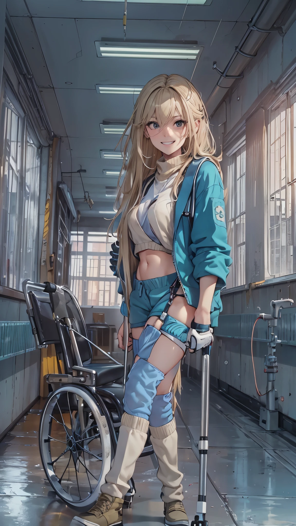 (Very detailed, Realistic), Cityscape, [moderately:Oil], [Professional:1.1], [Physically Based Rendering], [Bright colors], [Sharp focus], [Studio Lighting], [Extreme Detail], [Highest quality,4K,8K,High resolution,masterpiece:1.2],(Detailed face),((inside the hospital)),((One 18-year-old woman)),(Blonde unkempt hair),(dark),(it hurts),(Scary),(grin),[Nervous eyes],((her legs are very thin)),((She walks with crutches,Crutch length from armpit,Crutches are at her side)),((she leans on her crutches)),((she’s putting on her legs in cast)),((leg braces)),((leg braces)),((she’s wheelchair user)),((she’s wheelchair user)),((Her feet are turned inwards)),(street casual fashion,cold shoulder tops,shorts,loose socks),((lace-up-boots)),(gloves,Knee pads),.