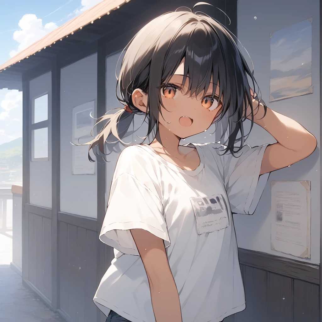 score_9, score_8_up, score_7_up, source_anime, best quality, masterpiece, official art, absurdres, highres, ultra-detailed,waifu2x,Collection: Slice of Life,break,1girl, tomboy, dark-skinned female, short hair, low ponytail, flat chest, beautiful detailed eyes, short shorts, sweat, open mouth, (yawn:0.3), sleepily, outdoors, wind, break,(clear line illustration:1.2),very high resolution, very aesthetic, super detailed skin, Best lighting powered by famous artist, 8k,cute picture,beauty illustration,photoshop_(medium),,(Detailed Lighting),best anime 8k konachan wallpaper, pixiv contest winner,
