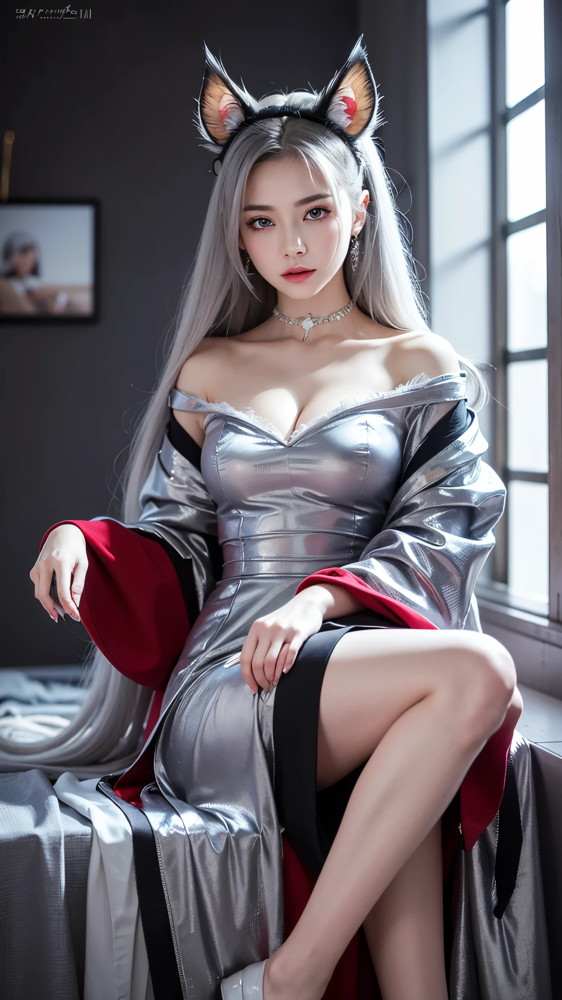 1 female, silver hair, Red eyes, old dress