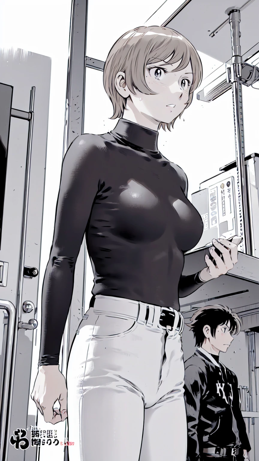 (野球uniform:1.2),
Blonde Hair, (short hair:1.2),Long sleeve, Black Shirt, turtleneck,White trousers、uniform、Black belt、((Illustration of people))、Big Boobs、
View Audience,, (Highest quality:1.3),One Girl, White pants、uniform、Outdoor、baseball ground、ground、soil、blue eyes、Tight black shirt、(masterpiece、Highest quality)、Highest quality, Ultra-high resolution, (((masterpiece))), alone, Sweat、Big eyes、Big Breasts、One Girl, Front view、Embarrassed face、Bronze colored hair、((short hair))、Stand up straight、Cowboy Shot