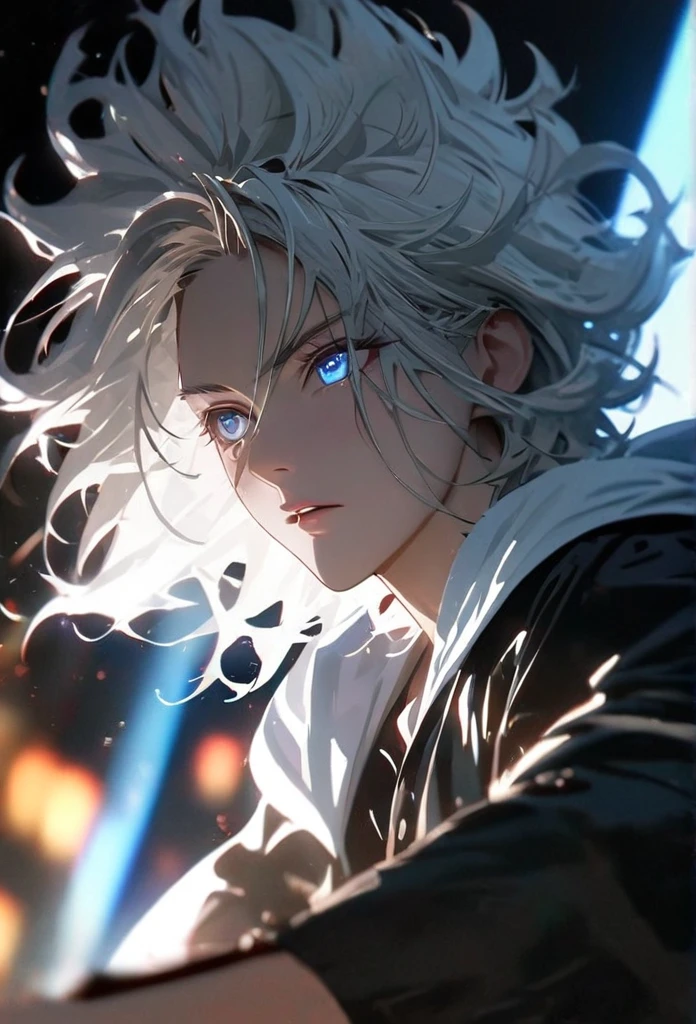 (solo), white hair, messy hair, mane hair, short hair, dense hair, wild hair, expressive hair, mature,(25 year old), pale skin, blue eyes, ((male)), wearing a black dress shirt, wearing a white cloak,, rolled up sleeves, handsome, attractive, eye reflection, depth of field, blue thunder aura, blue cinematic lighting, blue ray tracing, depth of field, cinematic lighting, blue ray tracing, UHD, high details, best quality, highres, high quality, award winning, super detail, masterpiece, 8k, UHD, high details, best quality, highres, high quality, award winning, super detail, masterpiece, 8k, digital art, anime coloring, full body shot, body shot, In a fighting position, Hand to hand combat, good face, perfect face, detailed face, good eyes, looking towards the screen.
