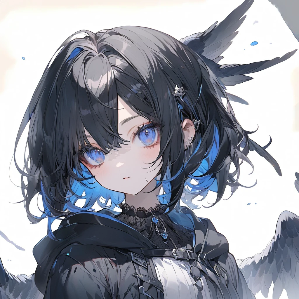 Gothic Petite delicate Lori Harpie Short black hair Blue Eyes The inside of the hair is blue. Bird legs Belt on torso Black hood Character portrait whole body