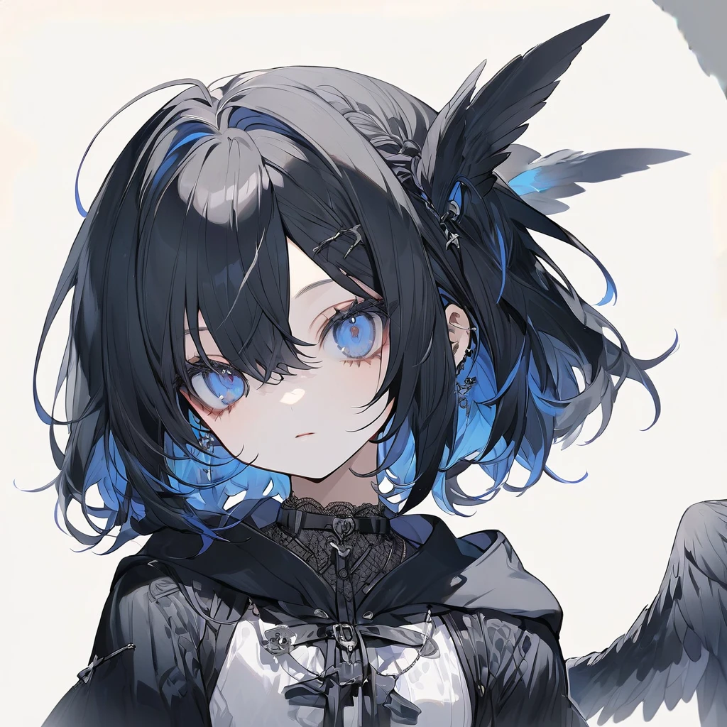 Gothic Petite delicate Lori Harpie Short black hair Blue Eyes The inside of the hair is blue. Bird legs Belt on torso Black hood Character portrait whole body