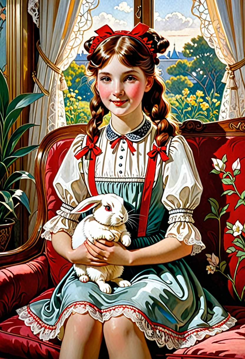 Art Nouveau oil portrait by Eugène Grasset A girl with red twintails is holding a cute rabbit,The girl is wearing a cute maid outfit, her hair is beautiful with red twin tails, and she is wearing a luxurious barrette.The girl is red eyes, Rabbits are cute with long white ears and fluffy fur.Sitting on a luxurious sofa in a luxurious mansion,The girl looks at the rabbit and laughs.Beautiful light coming in from the window of the room illuminates the girl,White lace curtains swaying beautifully in the wind,professional painting,(High resolution, high precision image, 4k, 8k, masterpiece: 1.2)Ultra-definition, ultra-fine painting, beauty of oil painting, movie-like lighting,