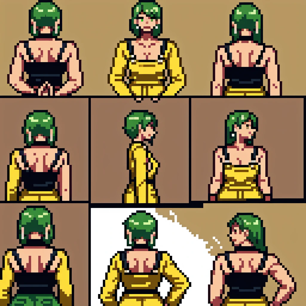 masterpiece, best quality,1girl, ((young girl)), ((large round magical green eyes)), shiny skin, (thin waist), (long curlly green hair), ((curvy)), ((wide hips)), ((hoop earrings)), ((small size)) , ((( yellow overalls))), hot, soft natural lighting, reflections, bright illuminations, deep dark black skin, ((yellow outfit))