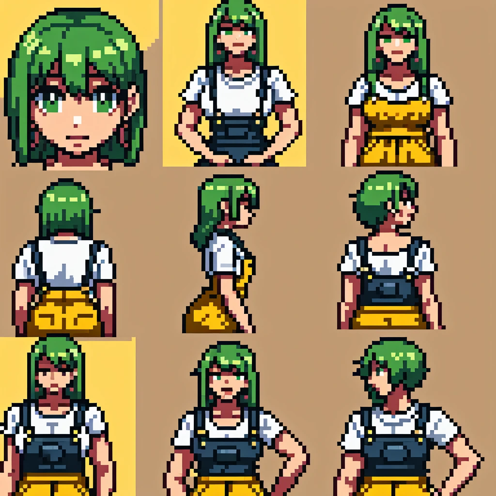 masterpiece, best quality,1girl, ((young girl)), ((large round magical green eyes)), shiny skin, (thin waist), (long curlly green hair), ((curvy)), ((wide hips)), ((hoop earrings)), ((small size)) , ((( yellow overalls))), hot, soft natural lighting, reflections, bright illuminations, deep dark black skin, ((yellow outfit))