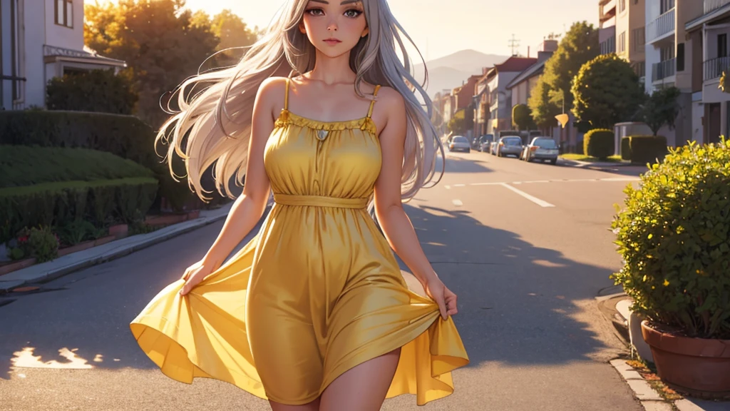 Silver haired woman in dress, 1woman, solo, yellow sundress, photorealistic, realism, realistic, human, lifting dress, morning sunrise background