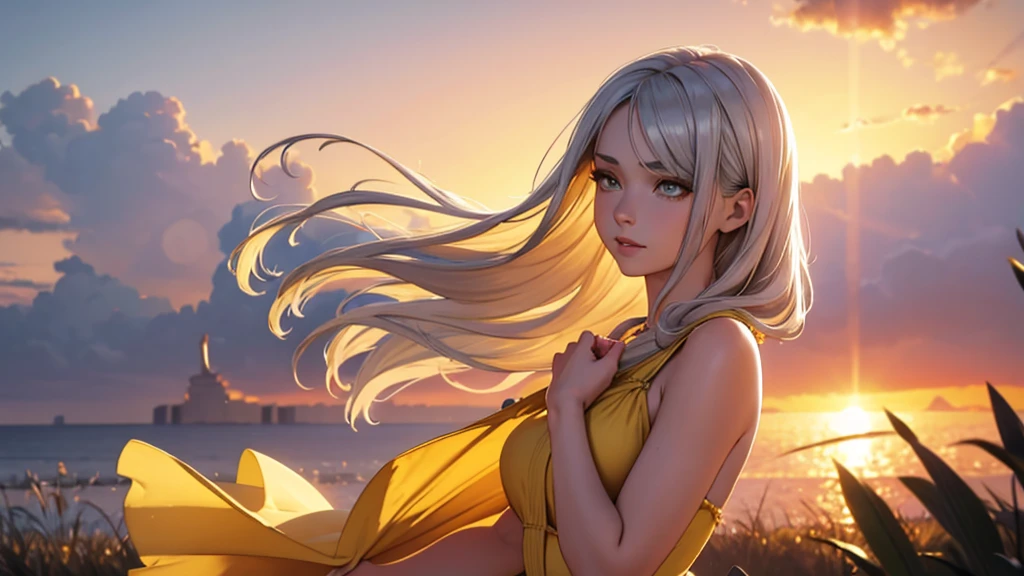 Silver haired woman in dress, 1woman, solo, yellow sundress, photorealistic, realism, realistic, human, lifting dress, morning sunrise background