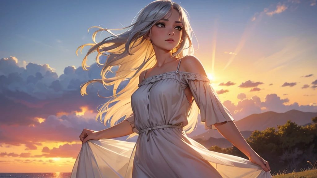 Silver haired woman in dress, 1woman, solo, yellow sundress, photorealistic, realism, realistic, human, lifting dress, morning sunrise background