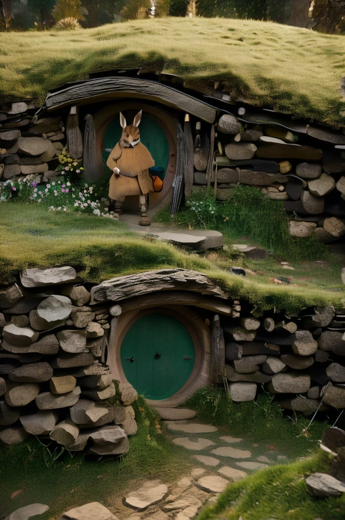 an anthropomorphic rabbit dressed as Robin Hood entering a Hobbit hole, masterpiece, best, photo realistic