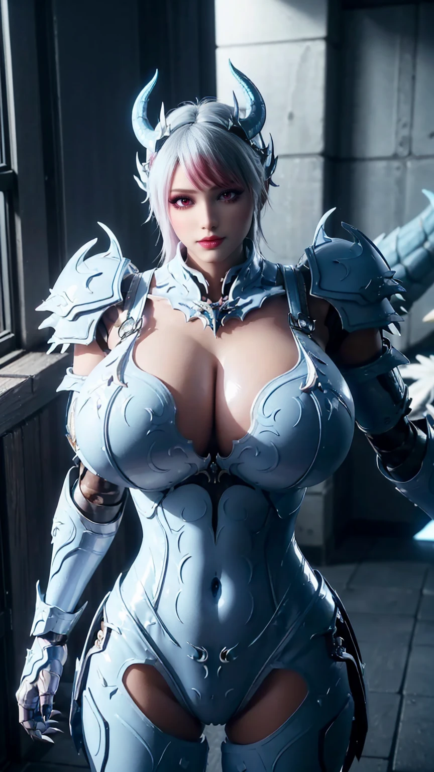 TEKKEN_REINA, CLOSE UP UPPER BODY,SOLO, COWBOY SHOT, ((EVIL DRAGON MECHA HORN)), (GIGANTIC FAKE BREASTS,CLEAVAGE TOP,11 LINE ABS:1.5), ((WEARING OUTFIT MECHA WHITE,BLUE EVIL DRAGON ARMOR:1.5)), (MUSCULAR BODY SHAPE:1.5), (CLEAN GLOSSY BODYSKIN:1.5), (LOOKING AT VIEWER:1.6), (BACKGROUND FUTURISTIC SPACE STATION:1), (PHOTOREALSITIC:1.4), (ULTRA-DETAILLIERT), (TOP-QUALITY), (BEST SHADOWS), BRIGHT LIGHT IN ROOM, HYPER TEXTURE, (4X MSAA), ((UNREAL ENGINE 5 RENDER)), (NEON), PHYSICALLY-BASED RENDERING, ULTRA HIGHT DEFINITION, 16K, 1080P.