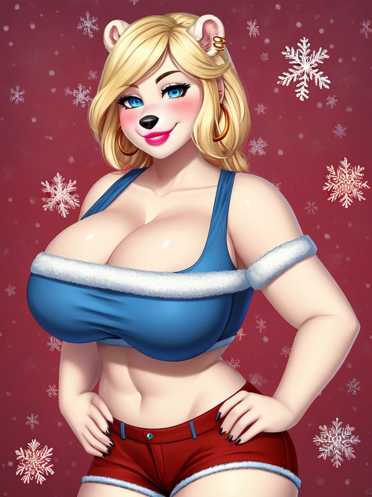 Blonde polar bear woman, wearing a Christmas crop top and jean shorts, perfect face, blue eyes, big breasts, cleavage, three-quarter view, solo, smile, perfect detailed body, pink lipstick, gold earring, hand on hips, blushing