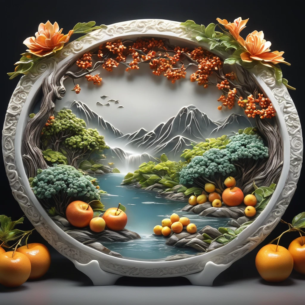4d top quality, realistic, photorealistic, highly detailed, "Mountain trees and Fruit+Fairies+Chinese Architecture" pot relief stone" unique highly detailed carvings on " porcelain, Ultra wide angle, Accent Lighting, Volumetric Lighting, backlight, (detailed light ) ,((very smooth and beautiful)),dramatic_shadow,ray_tracing,hdr