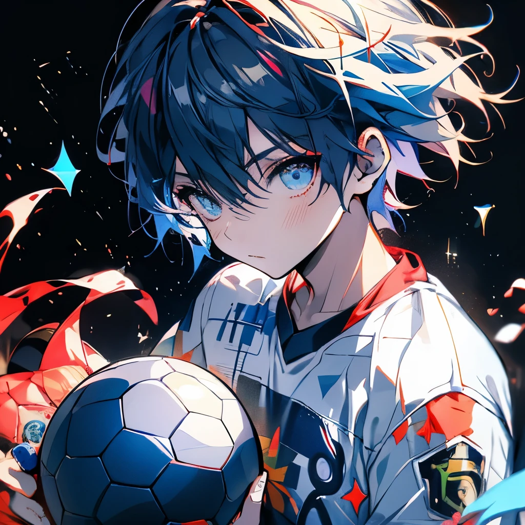 masterpiece、boy、Rainbow Hair、Sparkling eyes、Serious face、play soccer、(((soccer ball)))