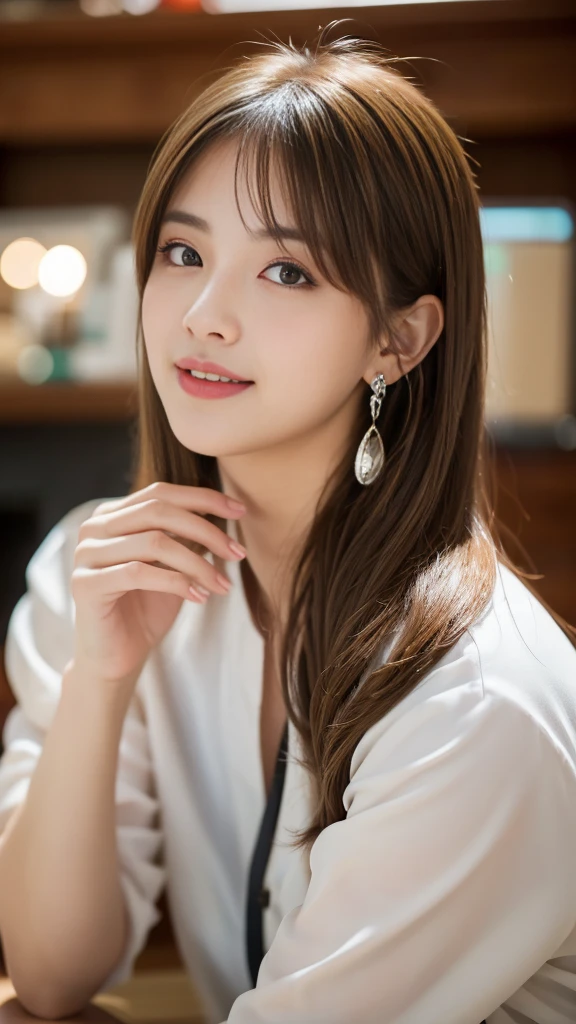 1 girl, Silver Hair, Brown hair, Dull bangs, Floating hair, Long hair, Fireplace awning, Eye of Water, Shining eyes, Long eyelashes, earrings, compensate, Smile, Open your mouth, Written border depth, First person perspective, From Side,, F/1.8, 135 mm, Canon, 超HD, Retina, masterpiece, precise, Anatomically correct, Rough skin, Very detailed, Advanced Details, high quality, 最high quality, high resolution, 1080P, HD, 8K,
